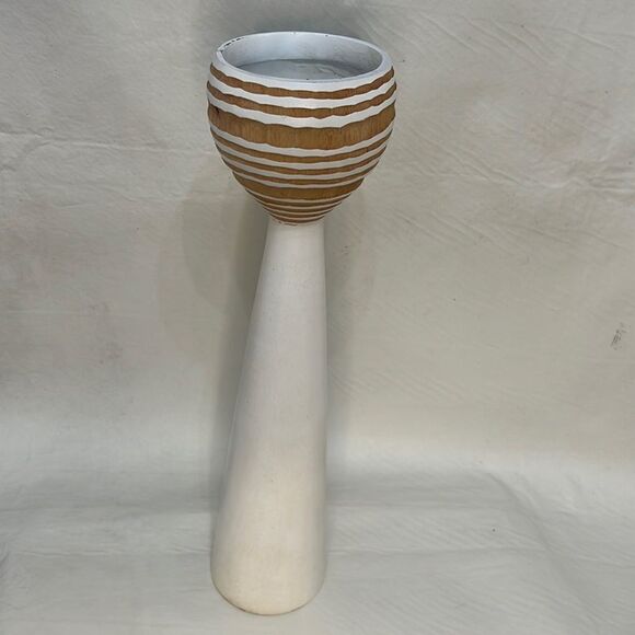 Pillar Candle Holder Handcrafted Wood White Brown 15 In Tall 3 1/2 In Round - Picture 1 of 7